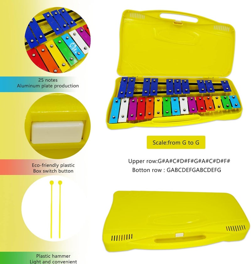 BIGBILLION Xylophone for Kids 25 Notes Glockenspiel Metal Percussion Instrument with Case Two Safe Mallets, Perfectly Tuned Musical Instrument Toddlers Adult Music Teaching, Gifts(Yellow) - Image 4